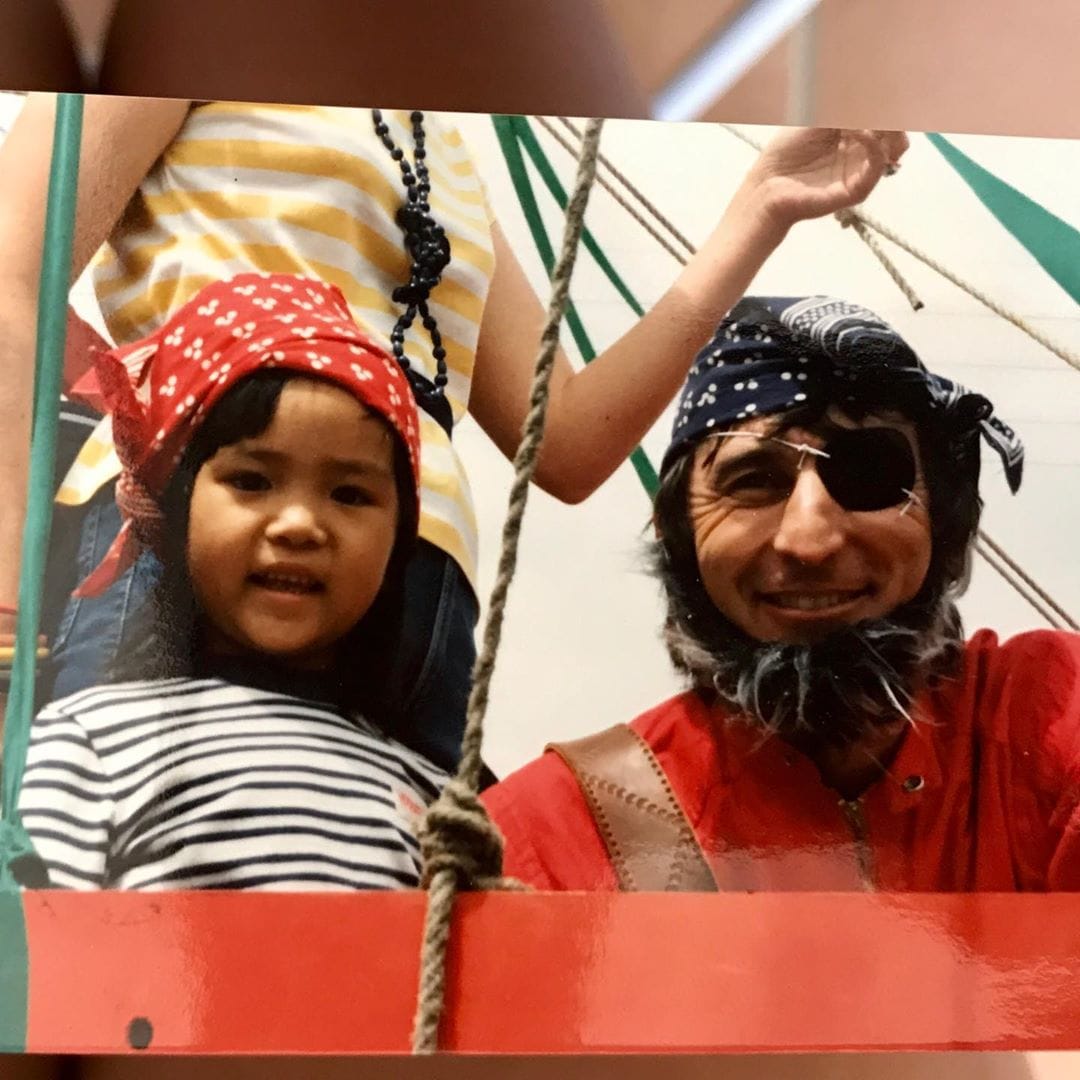Ra Chapman when she was little with her Australian father in pirate dressup.