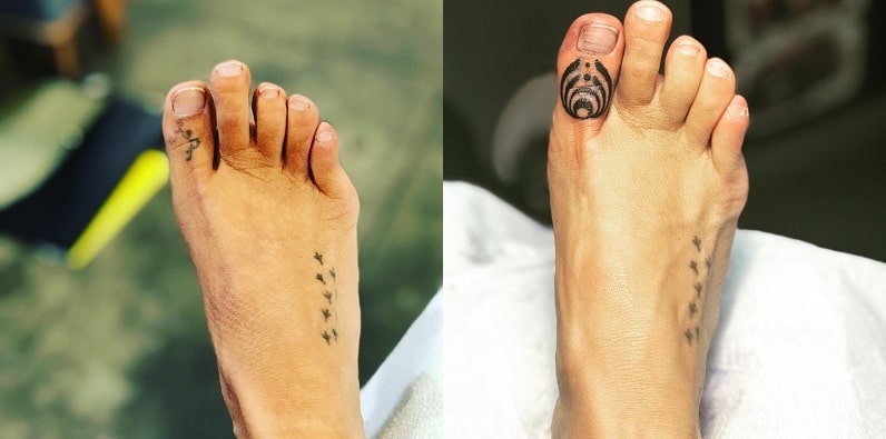 (Left) tattoo of her husband's name letter (Right) Bassnectar logo.