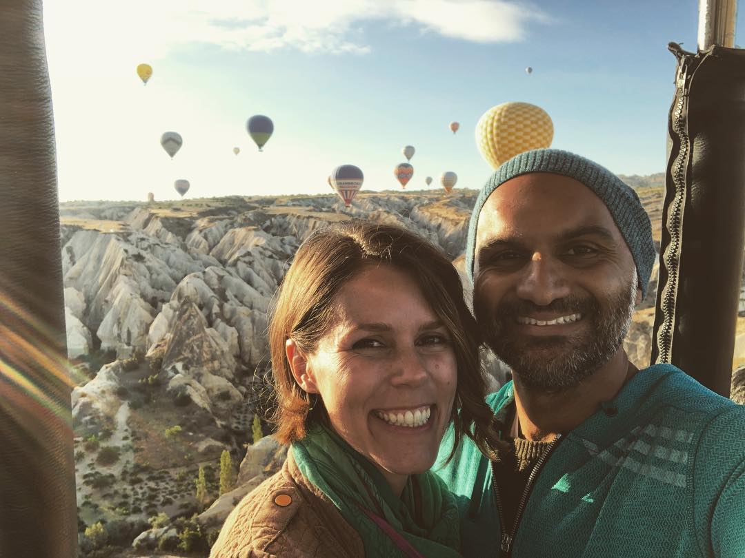 Usman Ally taking selfie with his wife Malena Mai on a hot air balloon