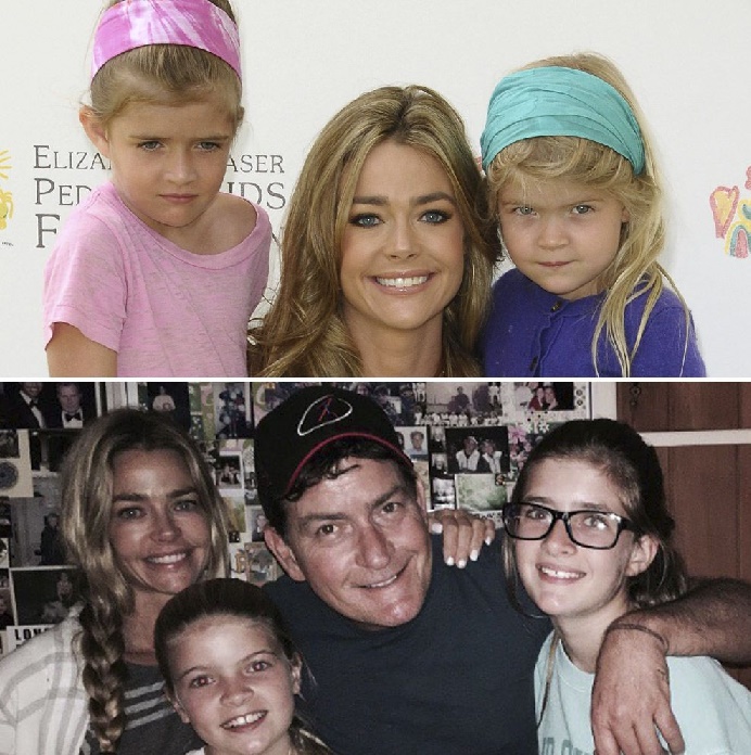 Two Picture of Lola Sheen & Sam Sheen in their childhood with Denise Richard on top and with Charlie Sheen in the bottom