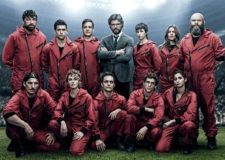 Esther Acebo with the cast member of the series Money Heist(La Casa De Papel). 