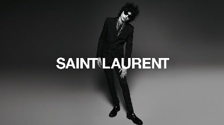 A black and white picture of Finn Wolfhard modelling for Saint Laurent's Fall/Winter '19 campaign..