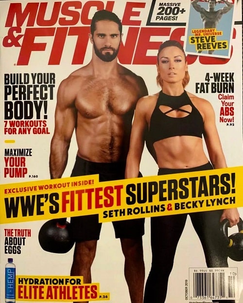 Picture of Becky Lynch and Seth Rollins in the cover of Muscle and Fitness.