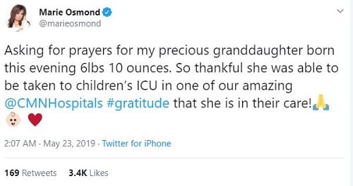 Marie's tweet about her granddaughter.