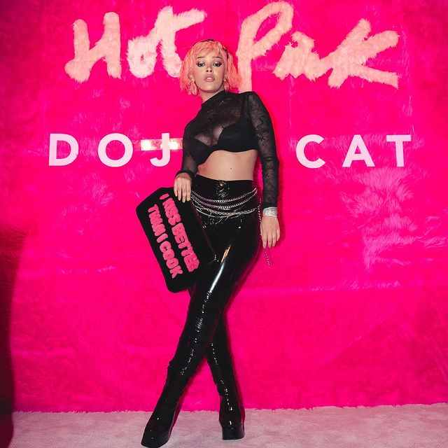 Doja Cat wearing black top with full black pants. 