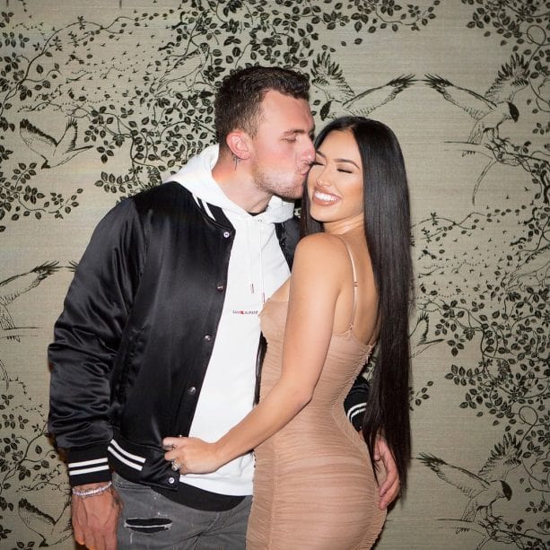 Breana Tiesi with her former husband wearing a cream color bodycon dress Johnny Manziel