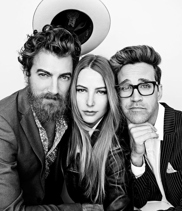 Stevie Wynne Levine with her co-workers Rhett McLaughlin and Link Neal of Mythical Entertainment 