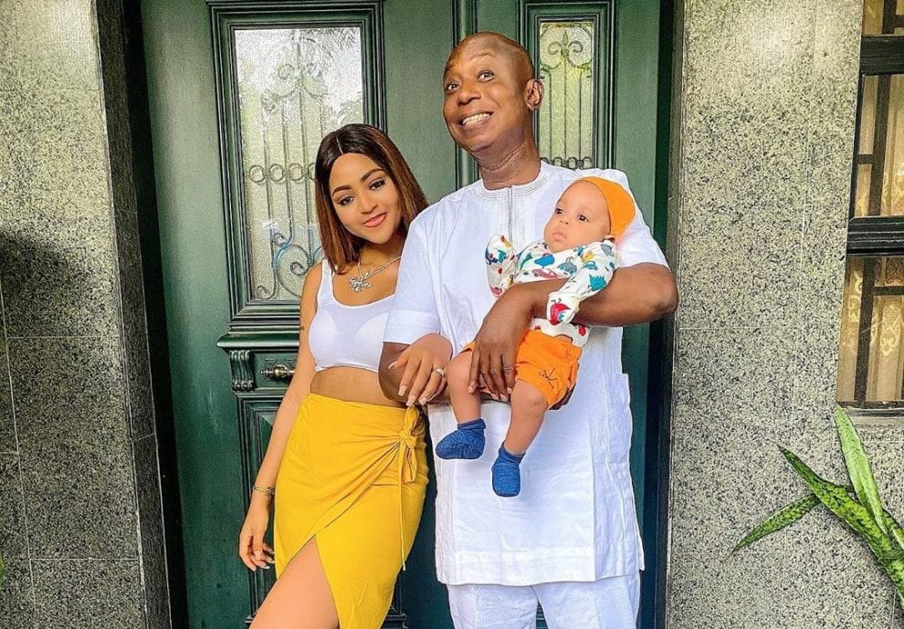 Rita Daniels daughter Regina Daniels with her husband and son wearing a beautiful dress  