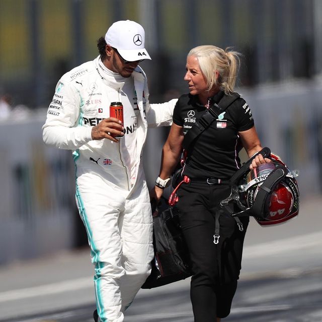 Angela Cullen with Lewis Hamilton after the end of car match