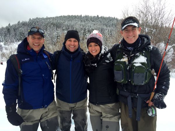 Mike Bettes on fly fishing on the Yampa River in CO with Reynolds Wolf, TWC's Chris Warren  and Jennifer Gray from CNN while it was snowing 3 inches.