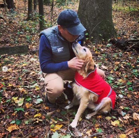 Mike Bettes out for a walk with his dog, Joplyn, on his social media.